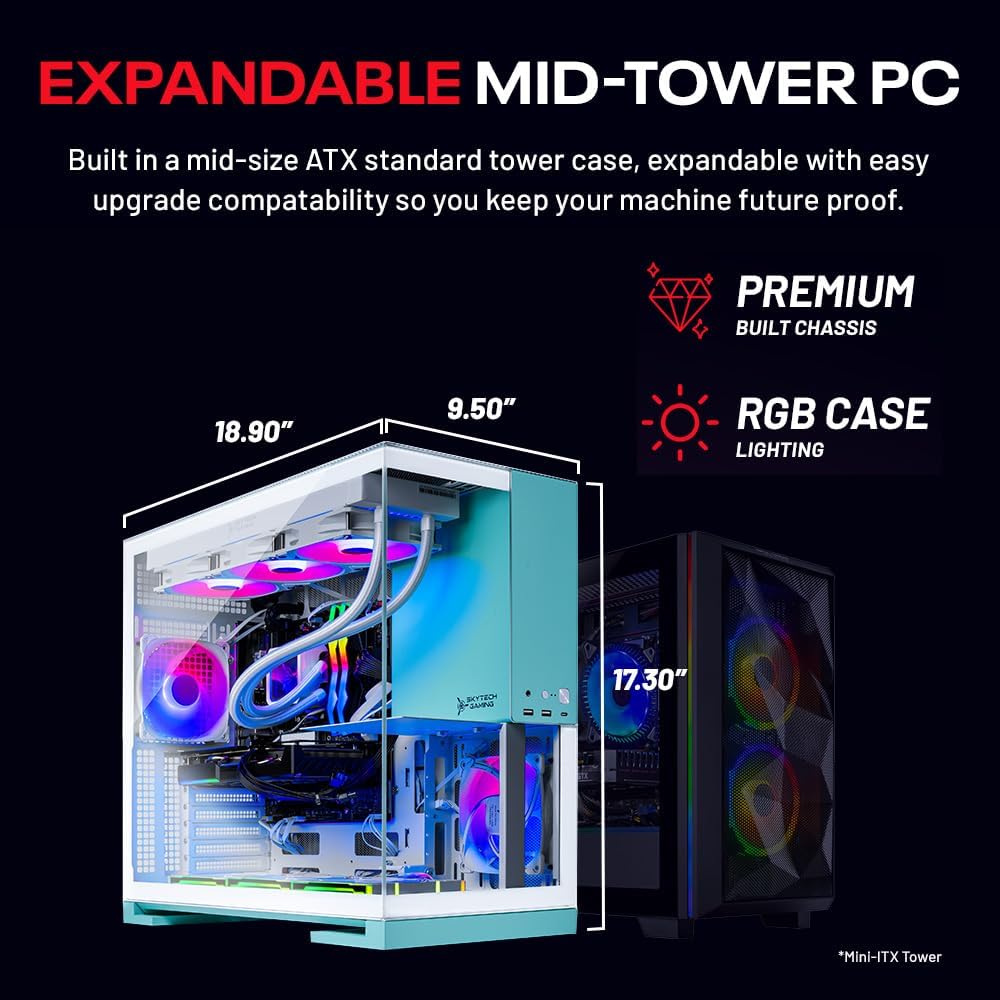 Skytech Gaming Aqua Desktop PC, Ryzen 7 7800X3D 4.2 GHz (5GHz), AMD RX 9060XT 16GB, 1TB Gen4 NVMe SSD, 32GB DDR5 RAM 5200 RGB, 850W Gold ATX 3 PSU, 360mm ARGB AIO, Wi-Fi, Win 11