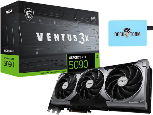 MSI Ventus 3X FeForce RTX 5090 OC Edition 32 GB GDDR7, PCI Express Gen 5, Core Clocks Extreme: 2452 MHz, CUDA CORES 21760 Units, Memory Speed 28 Gbps, Bundle with Dockztorm Hub