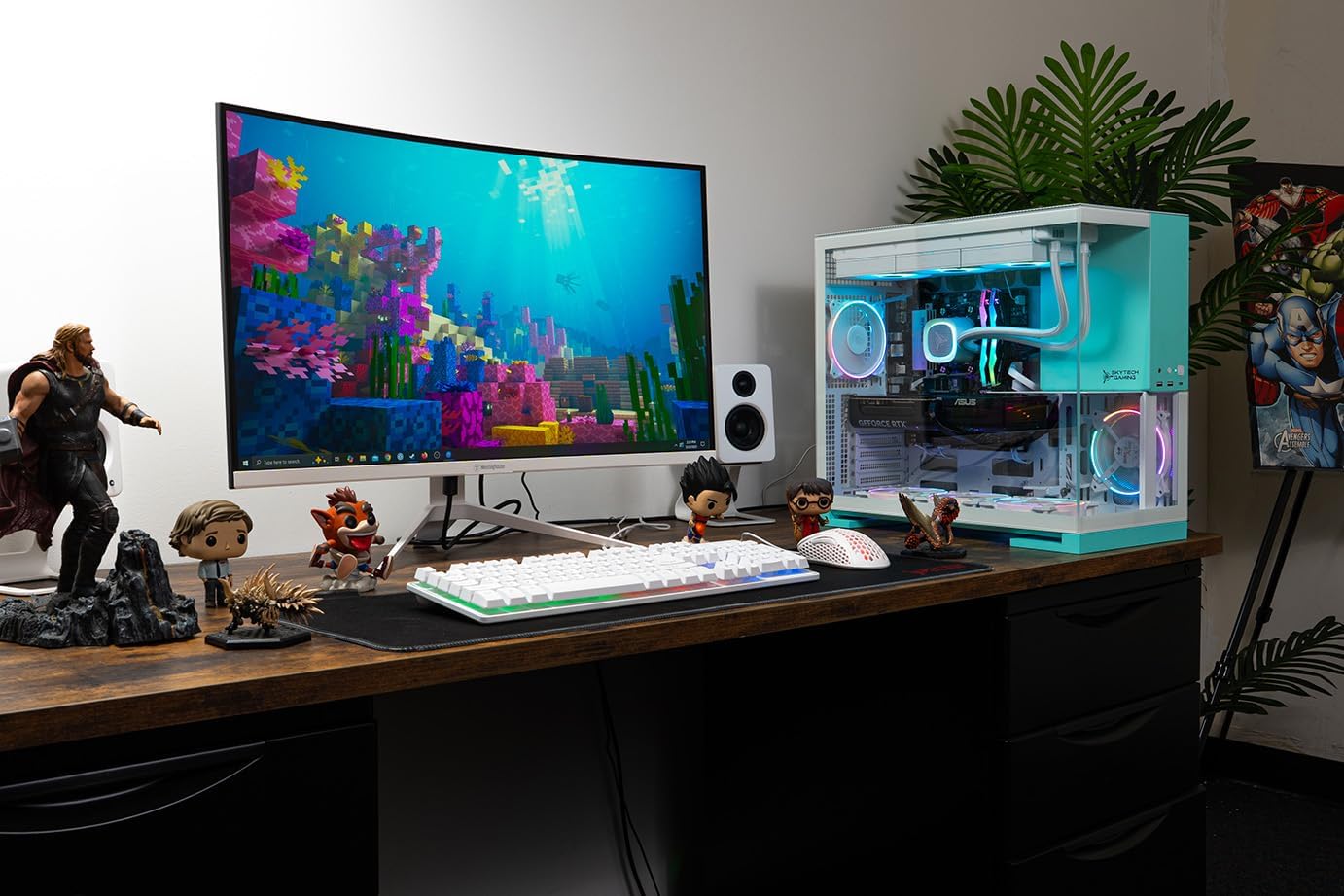 Skytech Gaming Aqua Desktop PC, Ryzen 7 7800X3D 4.2 GHz (5GHz), AMD RX 9060XT 16GB, 1TB Gen4 NVMe SSD, 32GB DDR5 RAM 5200 RGB, 850W Gold ATX 3 PSU, 360mm ARGB AIO, Wi-Fi, Win 11