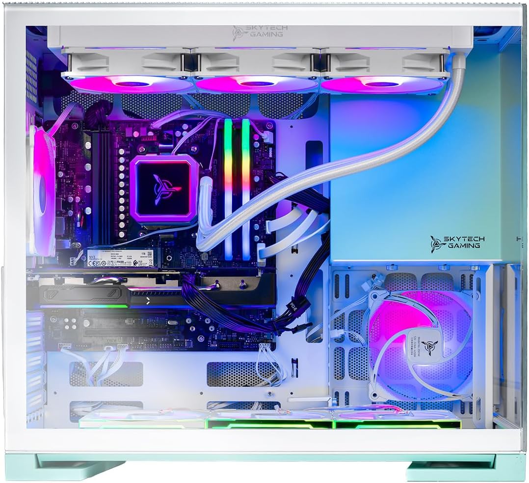 Skytech Gaming Aqua Desktop PC, Ryzen 7 7800X3D 4.2 GHz (5GHz), AMD RX 9060XT 16GB, 1TB Gen4 NVMe SSD, 32GB DDR5 RAM 5200 RGB, 850W Gold ATX 3 PSU, 360mm ARGB AIO, Wi-Fi, Win 11