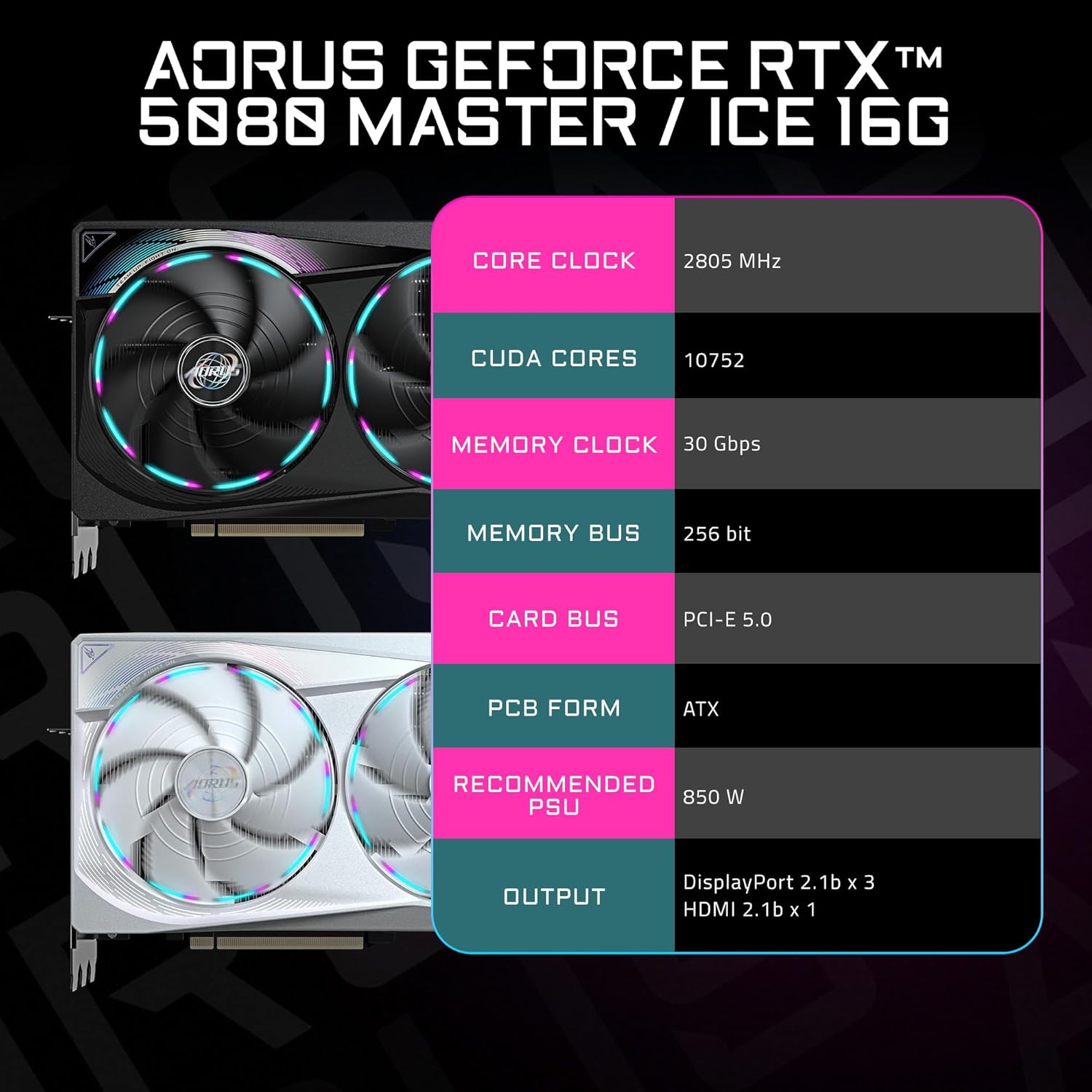 GIGABYTE AORUS GeForce RTX 5080 Master 16G Graphics Card, WINDFORCE Cooling System, 16GB 256-bit GDDR7, GV-N5080AORUS M-16GD Video Card