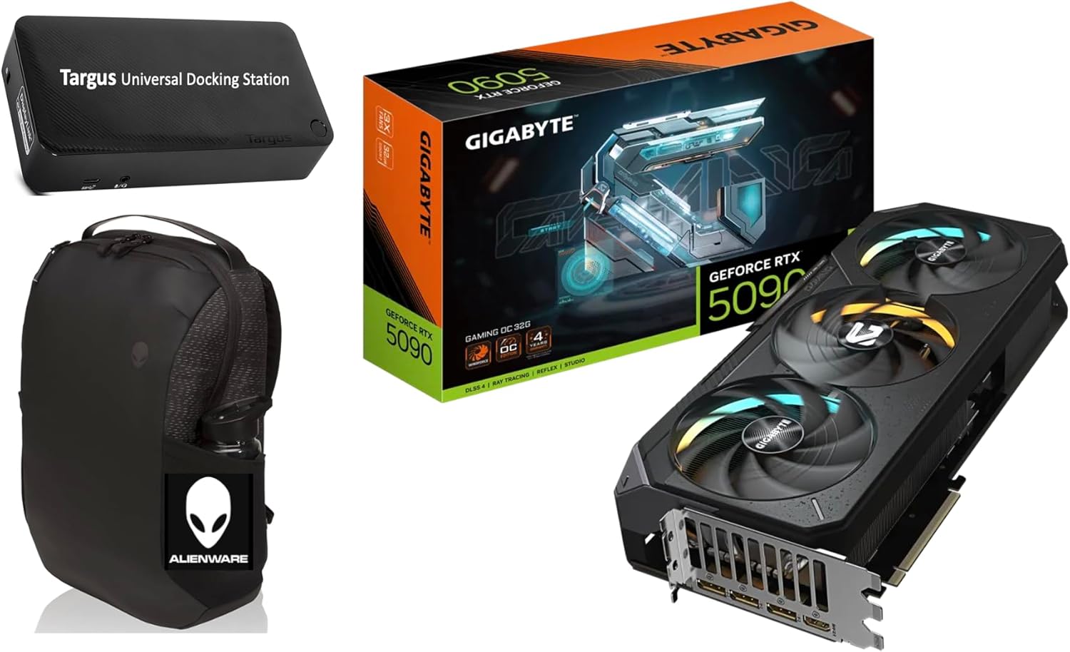 GIGABYTE Gaming GeForce RTX 5090 OC Edition 32GB GDDR7, 2550 MHz (Ref. Card : 2407MHz), Clock 28 Gbps, Memory Bus 512 bit, Resolution 7680x4320, Bundle with Targus Dock Station and Backpack Alinware