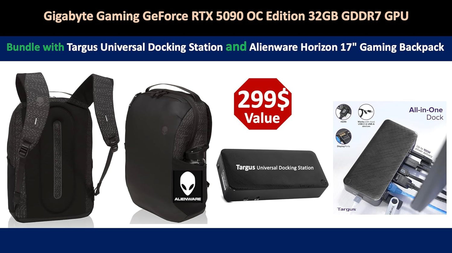 GIGABYTE Gaming GeForce RTX 5090 OC Edition 32GB GDDR7, 2550 MHz (Ref. Card : 2407MHz), Clock 28 Gbps, Memory Bus 512 bit, Resolution 7680x4320, Bundle with Targus Dock Station and Backpack Alinware
