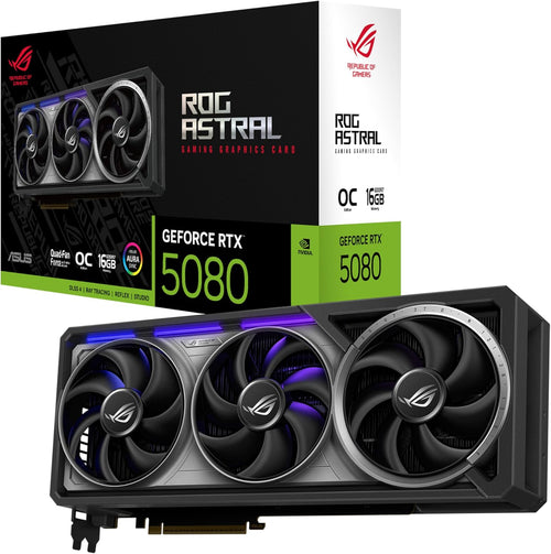 ASUS ROG Astral GeForce RTX™ 5080 OC Edition Gaming Graphics Card (PCIe® 5.0, 16GB GDDR7, HDMI®/DP 2.1, 3.8-Slot, 4-Fan Design, Axial-tech Fans, Patented Vapor Chamber, Phase-Change GPU Thermal pad)