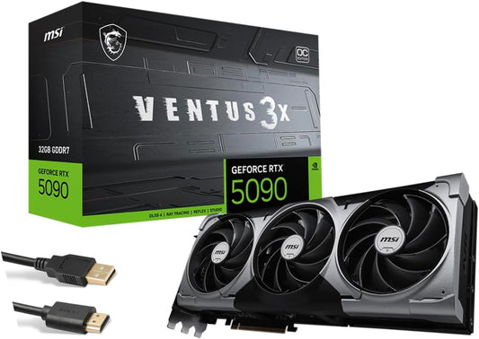 MSI Ventus 3X FeForce RTX 5090 OC Edition 32 GB GDDR7, PCI Express Gen 5, Core Clocks Extreme: 2452 MHz, CUDA CORES 21760 Units, Memory Speed 28 Gbps, Bundle with HDMI Cable
