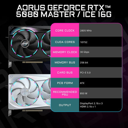 GIGABYTE AORUS GeForce RTX 5080 Master 16G Graphics Card, WINDFORCE Cooling System, 16GB 256-bit GDDR7, GV-N5080AORUS M-16GD Video Card