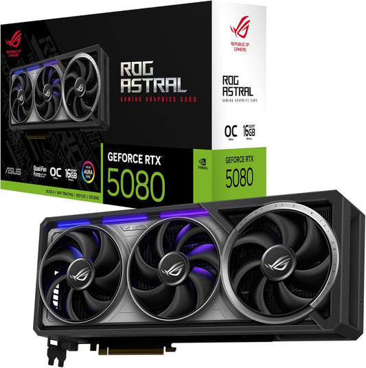 ASUS ROG Astral GeForce RTX™ 5080 OC Edition Gaming Graphics Card (PCIe® 5.0, 16GB GDDR7, HDMI®/DP 2.1, 3.8-Slot, 4-Fan Design, Axial-tech Fans, Patented Vapor Chamber, Phase-Change GPU Thermal pad)