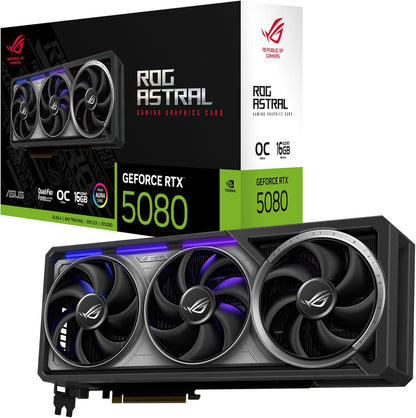 ASUS ROG Astral GeForce RTX™ 5080 OC Edition Gaming Graphics Card (PCIe® 5.0, 16GB GDDR7, HDMI®/DP 2.1, 3.8-Slot, 4-Fan Design, Axial-tech Fans, Patented Vapor Chamber, Phase-Change GPU Thermal pad)